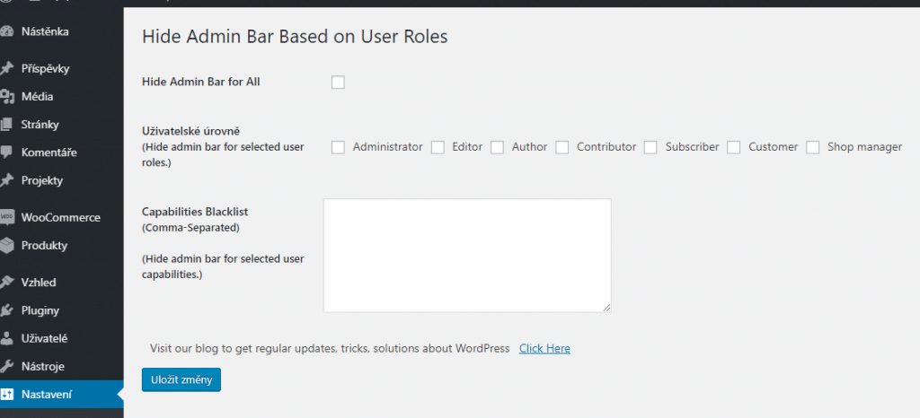 Nastavení Hide Admin Bar Settings