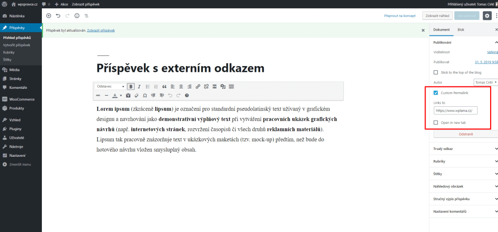 Nastavení vlastního externího odkazu