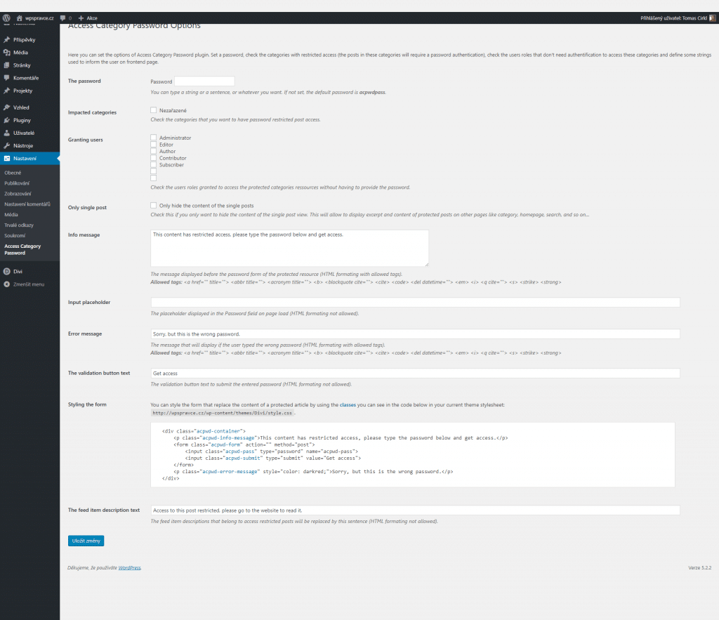 Nastavení Access Category Password