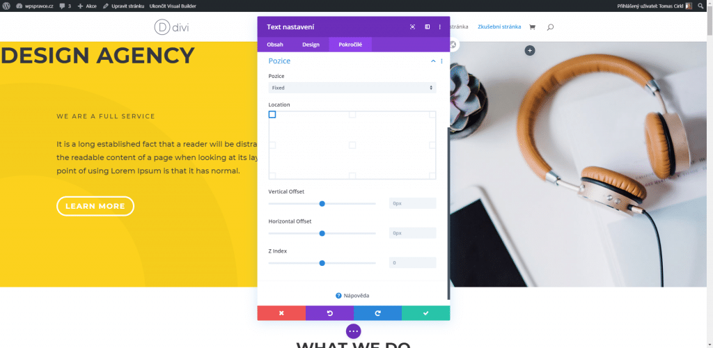 Nové nastavení Pozice v Divi
