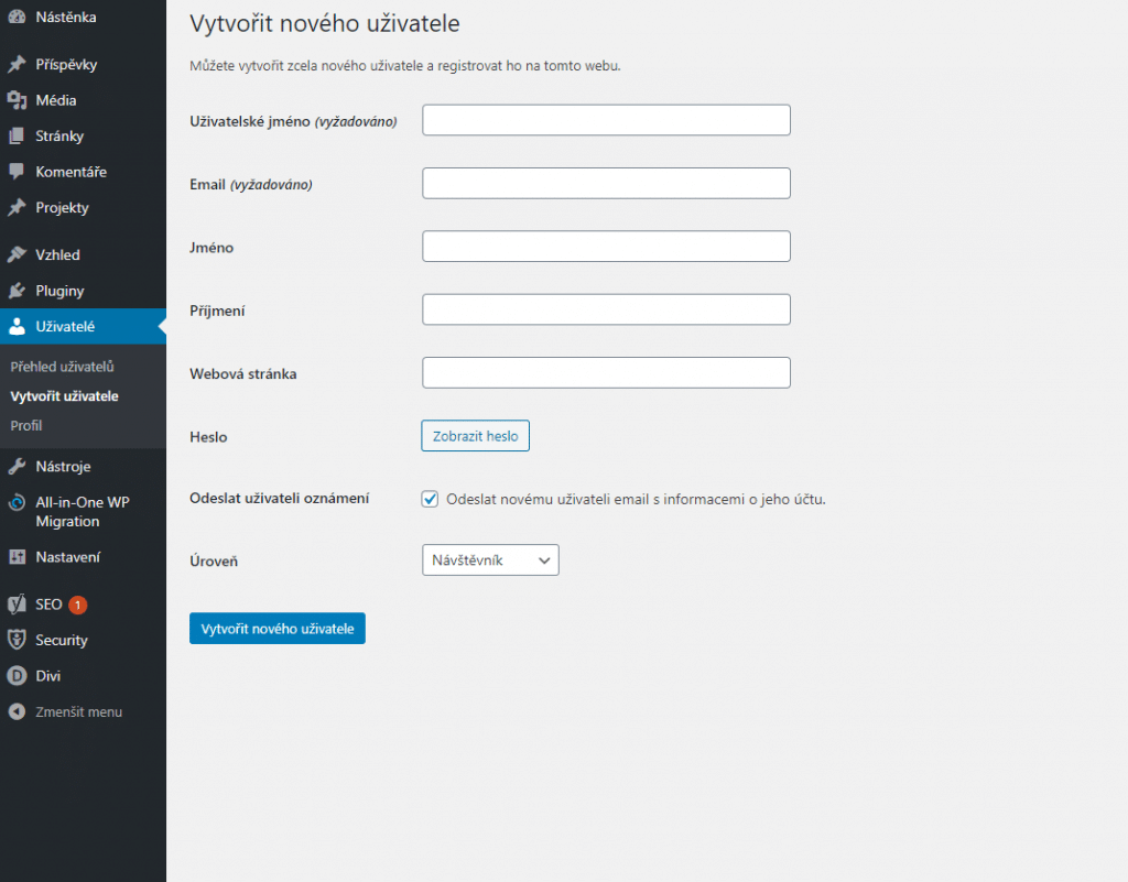 Vytvoření uživatele WordPress