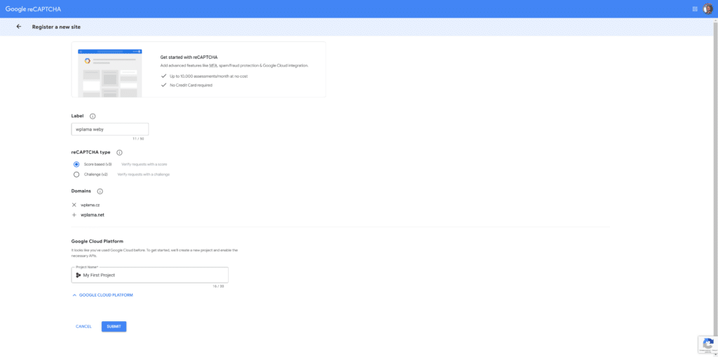 Registrace nových domén do reCHAPTCHA