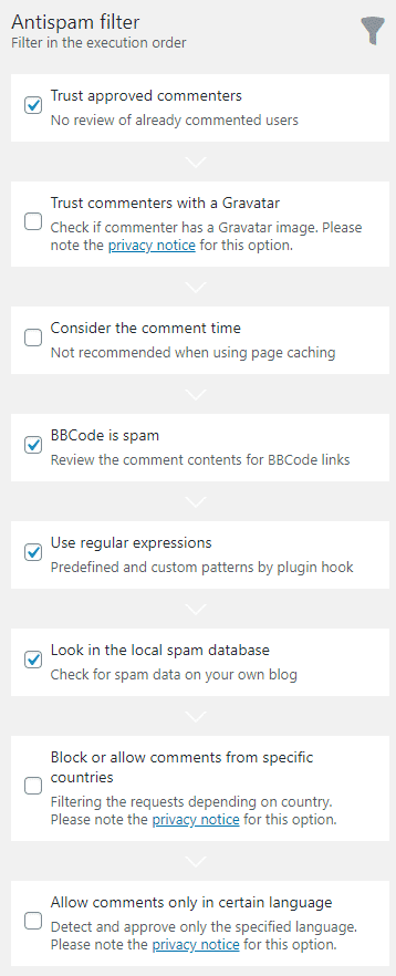 Antispam filter nastavení
