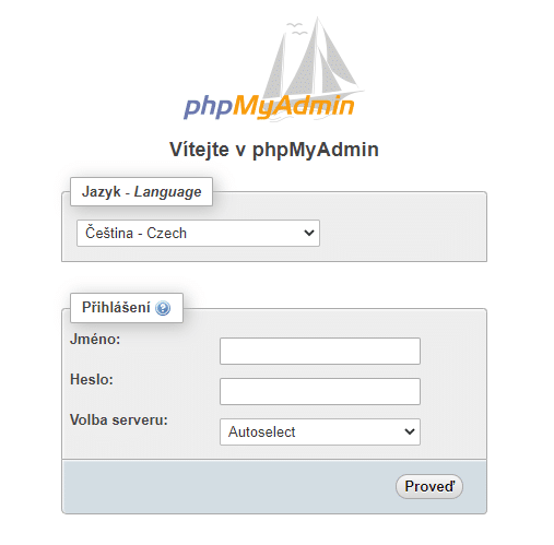 phpMyAdmin přihlášení