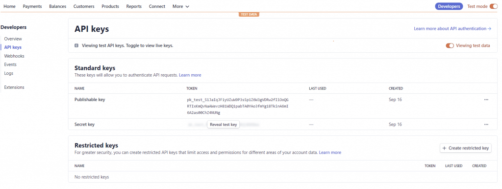 Stripe API klíče