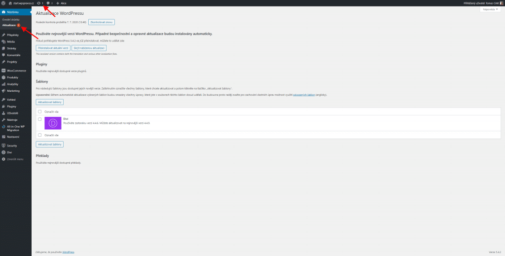 Aktualizace ve WordPress
