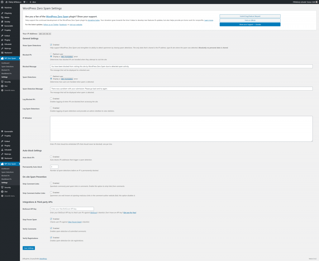 WordPress Zero Spam nastavení