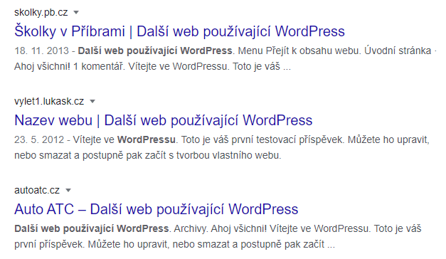 Další web používající WordPress ve výsledcích vyhledávání