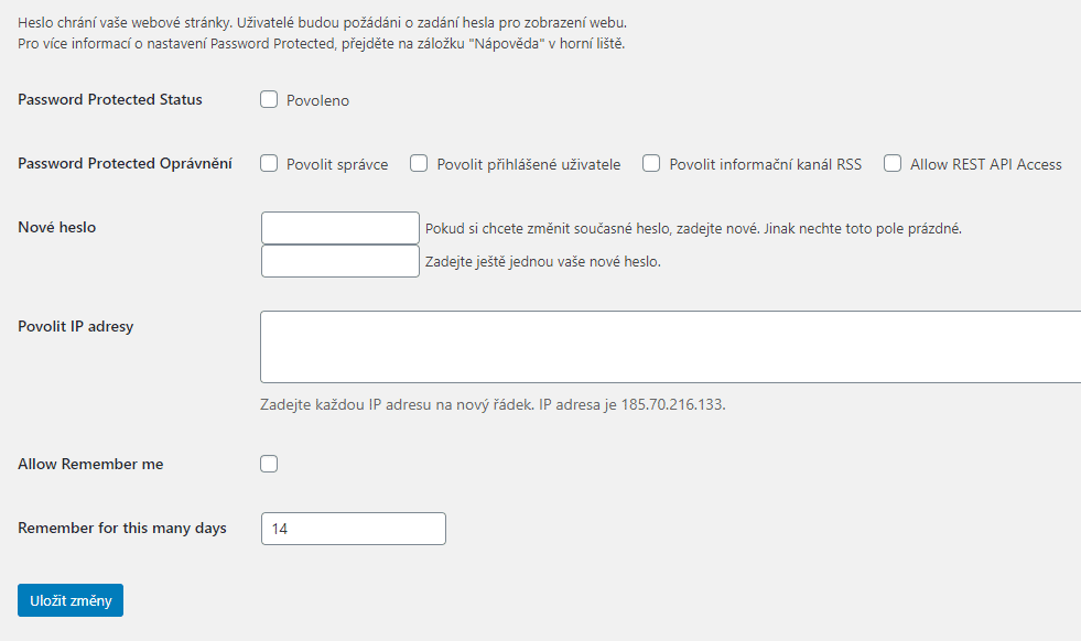 Nastavení Password Protected
