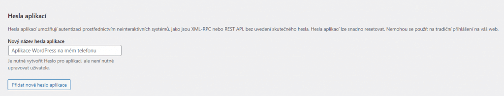 Vytvoření hesla aplikace u uživatele ve WordPress