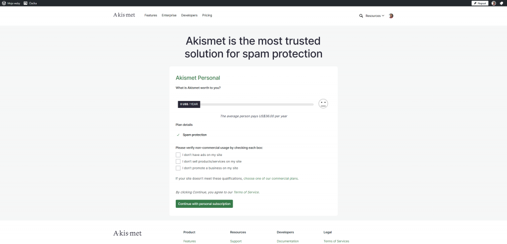 Akismet - Osobní licence zdarma