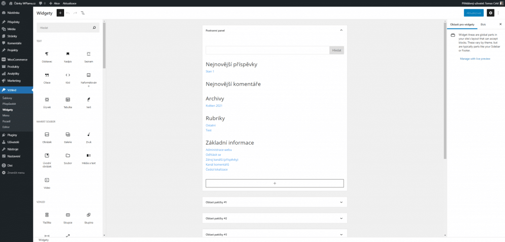 Nová sekce Widgety ve WordPress