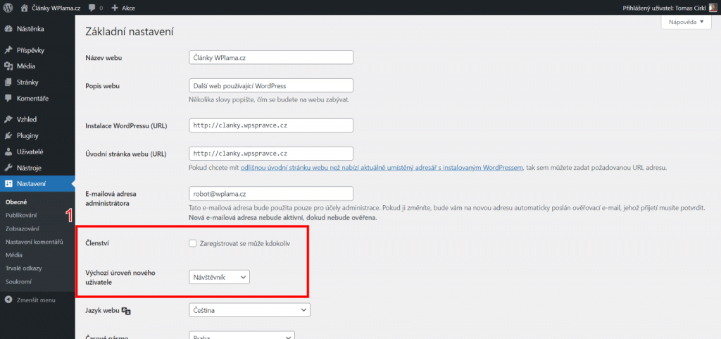 Nastavení registrace uživatele ve WordPress
