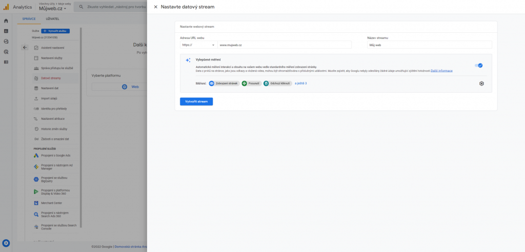 Nastavení datového streamu GA