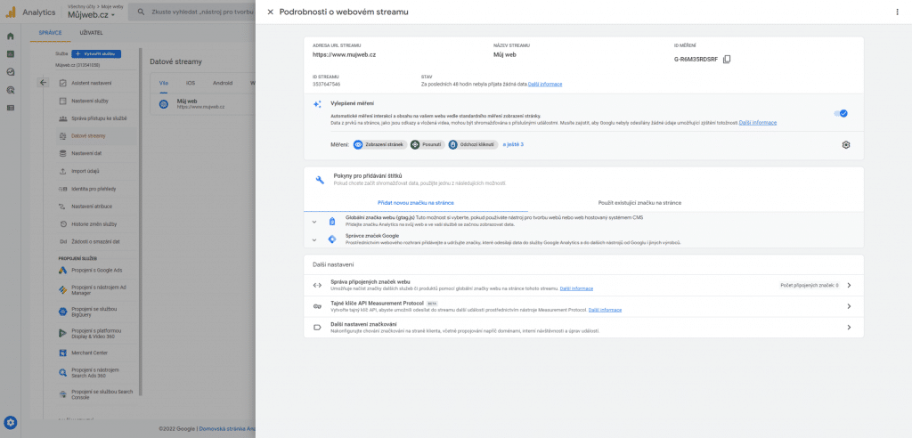 Podrobnosti o webovém streamu GA