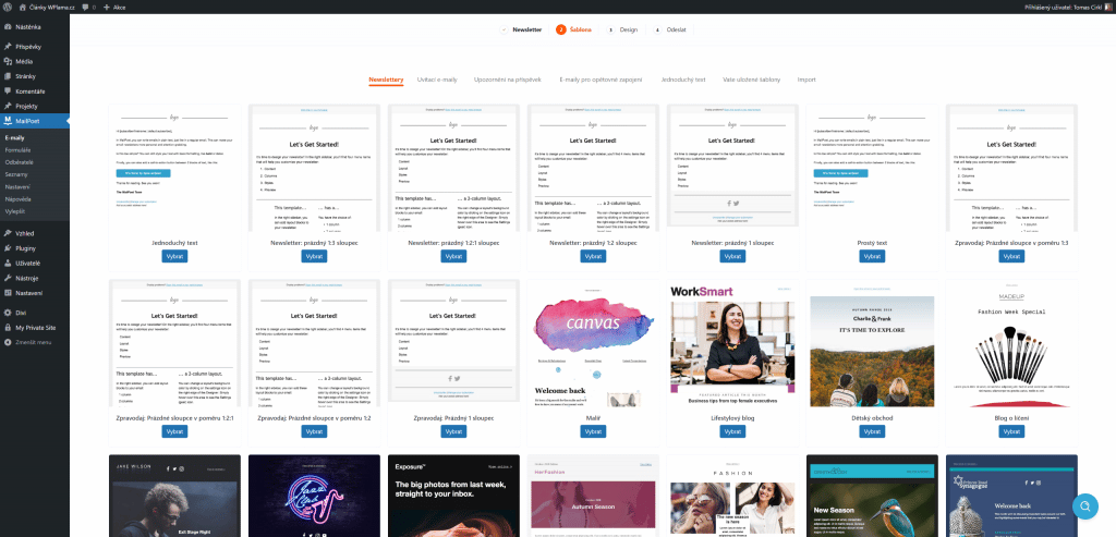 MailPoet - Výběr vzorové šablony pro newsletter