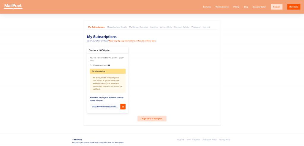 MailPoet - Web čekající na schválení