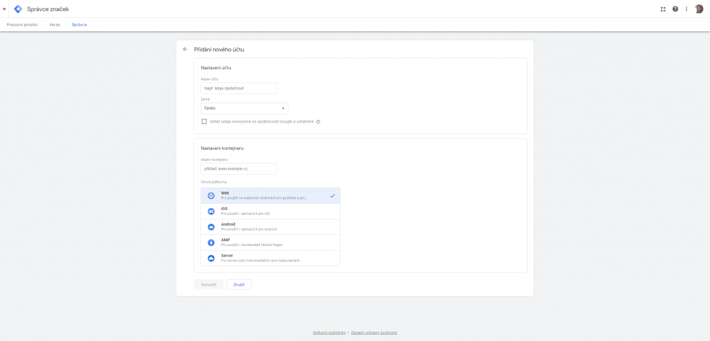 Tvorba účtu v Google Tag Manager