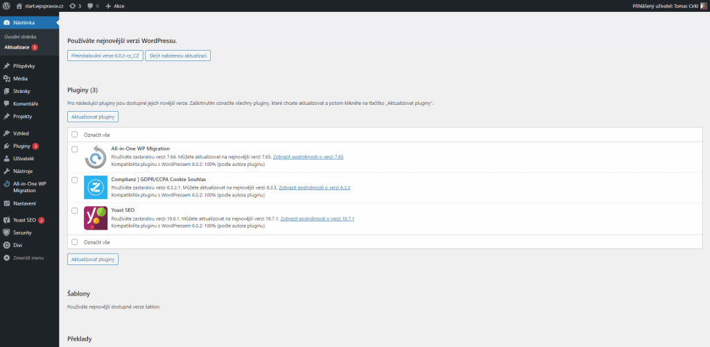 WordPress - aktualizace pluginů