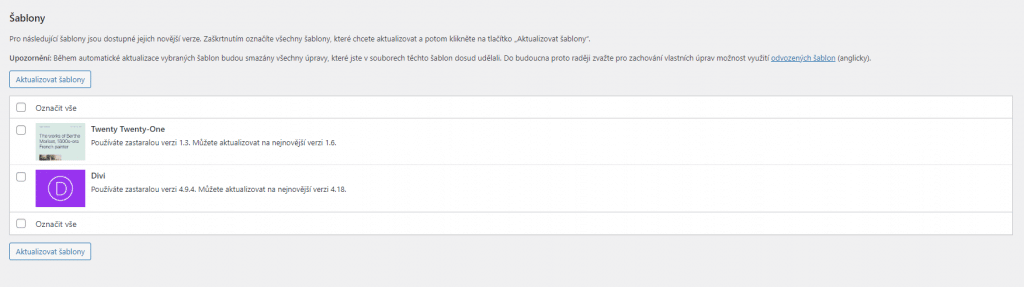 WordPress aktualizace šablon