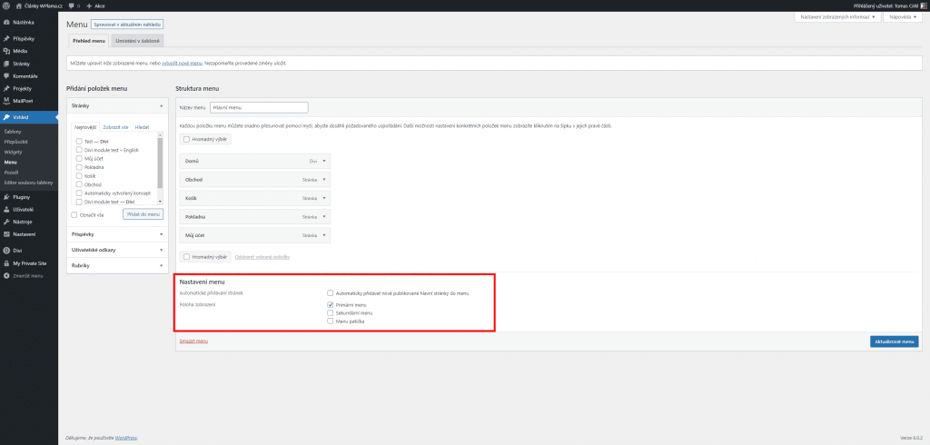 Nastavení WordPress menu