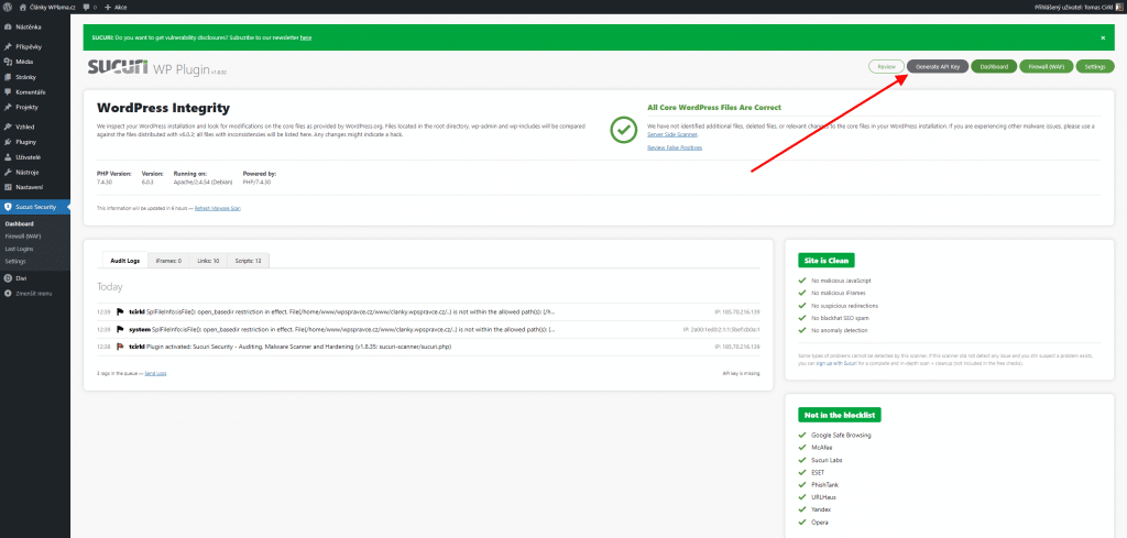 Sucuri Security - Vygenerování API klíče