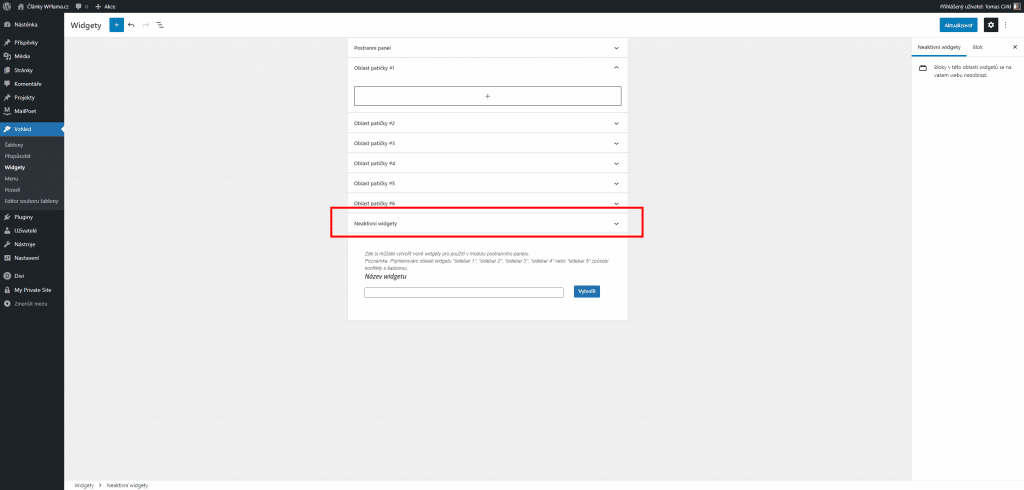 WordPress neaktivní widgety
