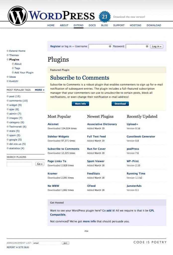Katalog pluginů WordPress v roce 2007.