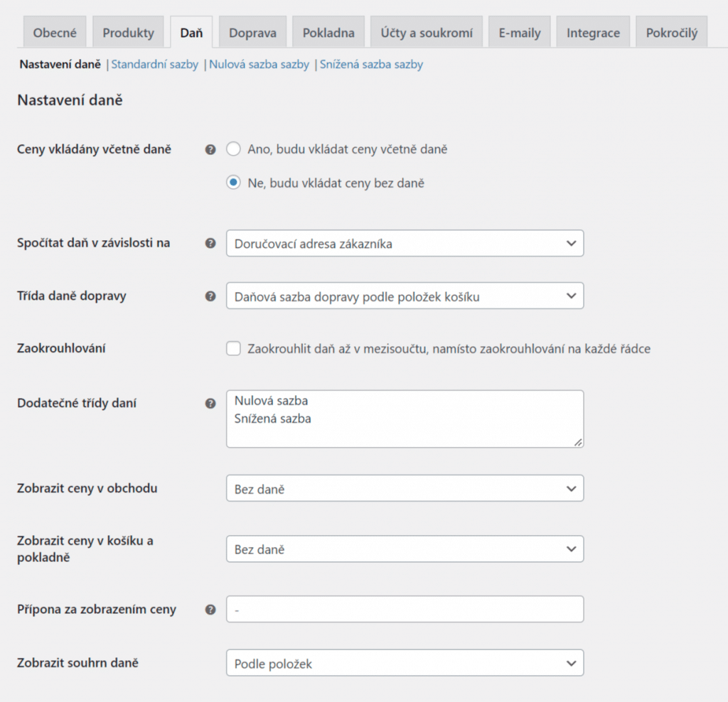 Nastavení daně ve WooCommerce