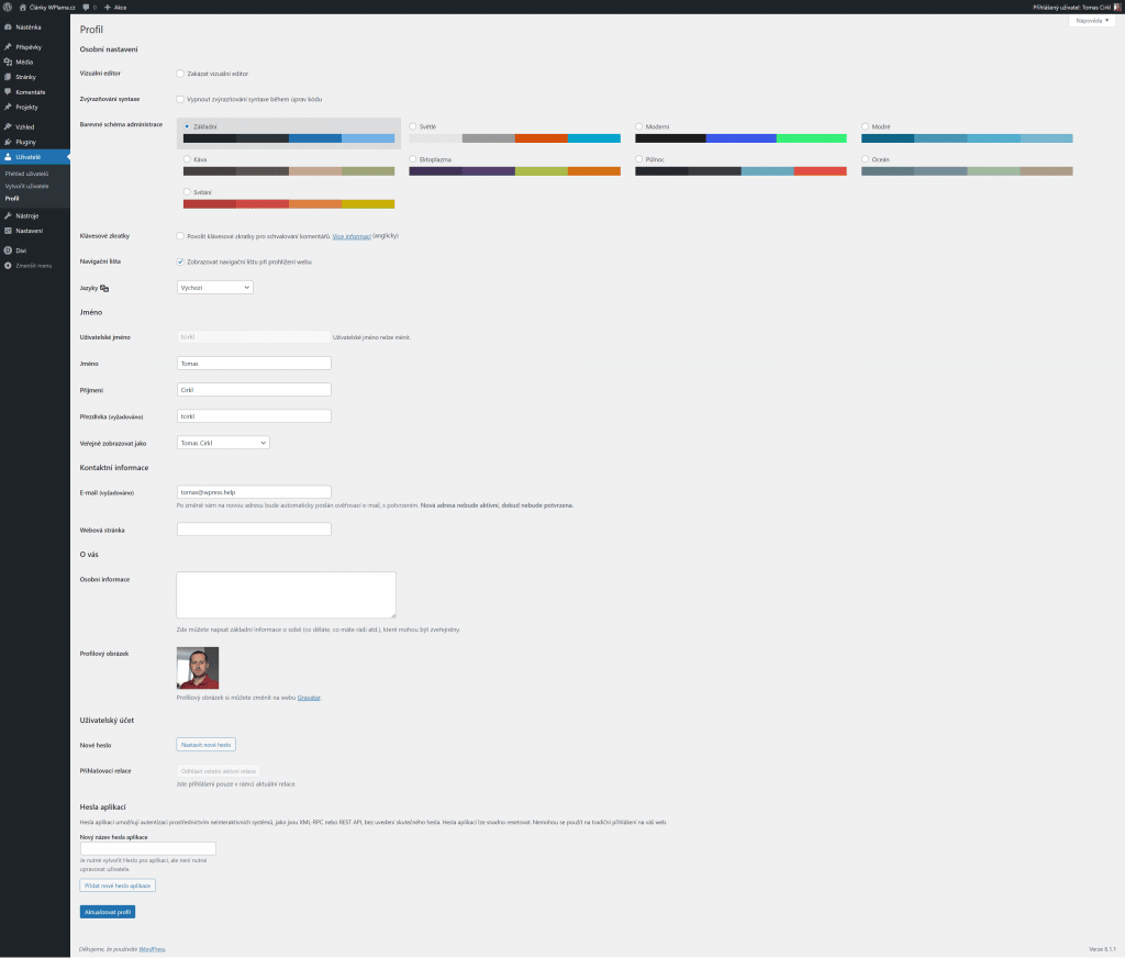 WordPress nastavení profilu