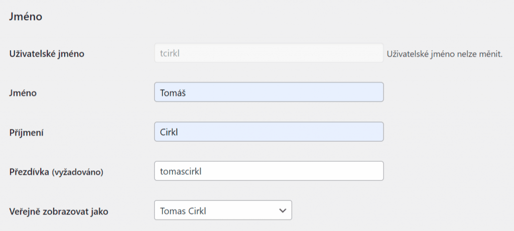 WordPress nastavení profilu - Jméno