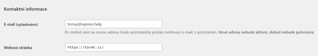 WordPress nastavení profilu - Kontaktní informace