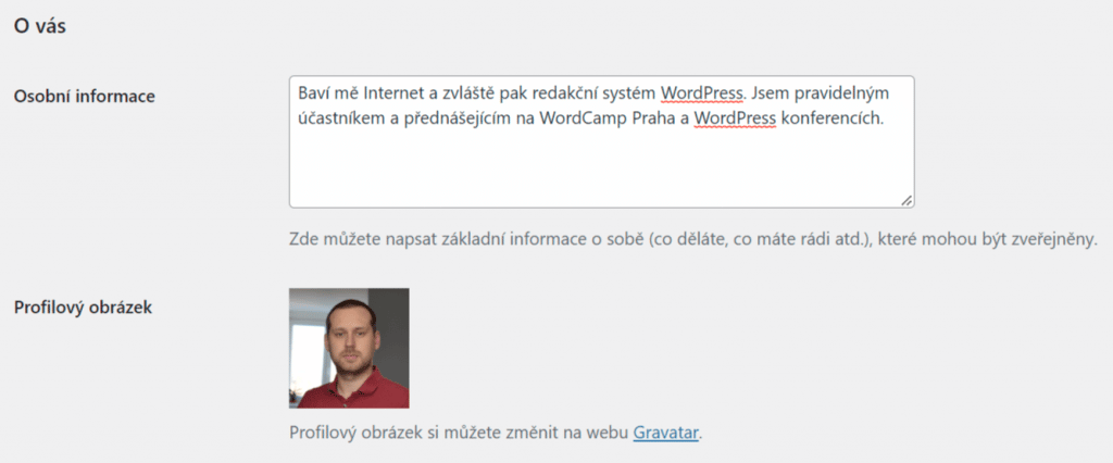 WordPress nastavení profilu - O váš