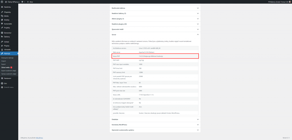 WordPress zobrazení PHP verze