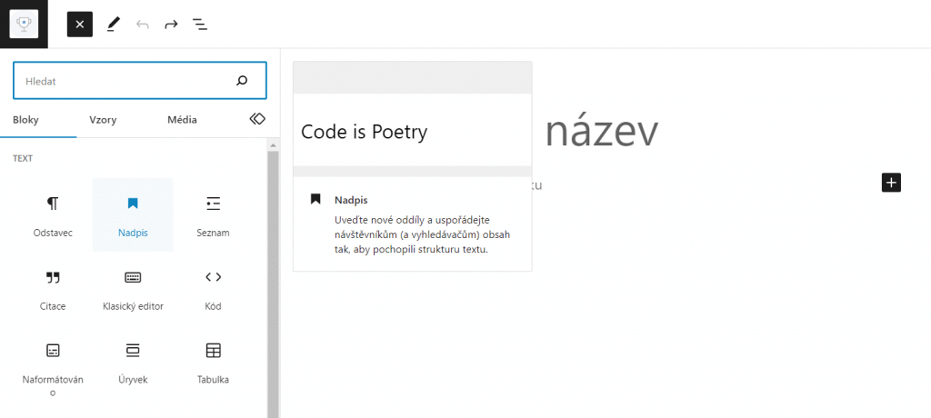 Přidání nadpisu v Gutenberg