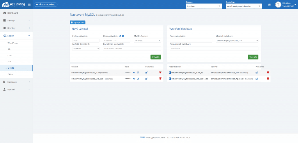 Správa DB u WP hosting