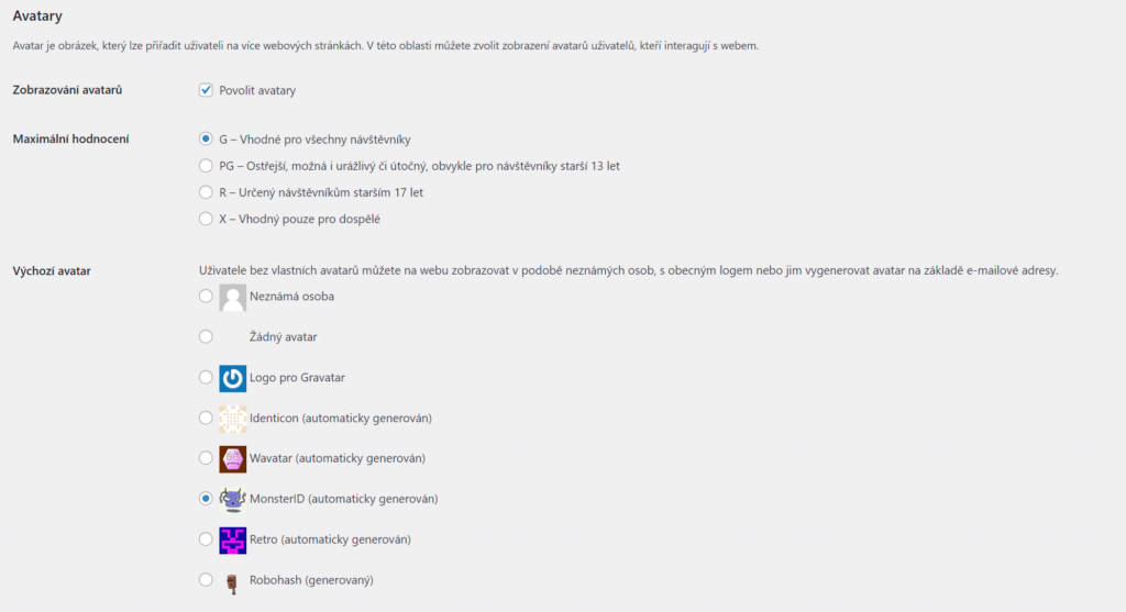 WordPress nastavení avatarů
