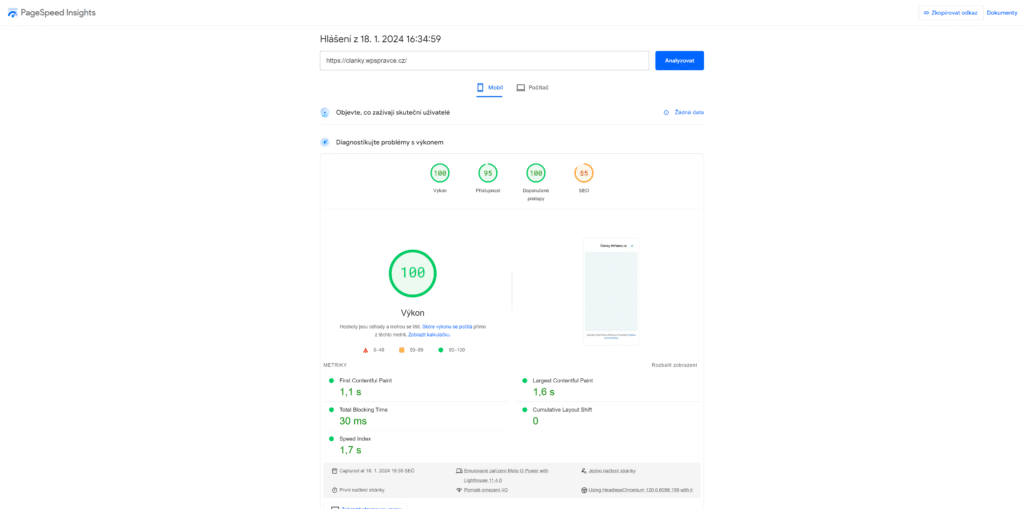 Astra Google Page Speed Insight mobil