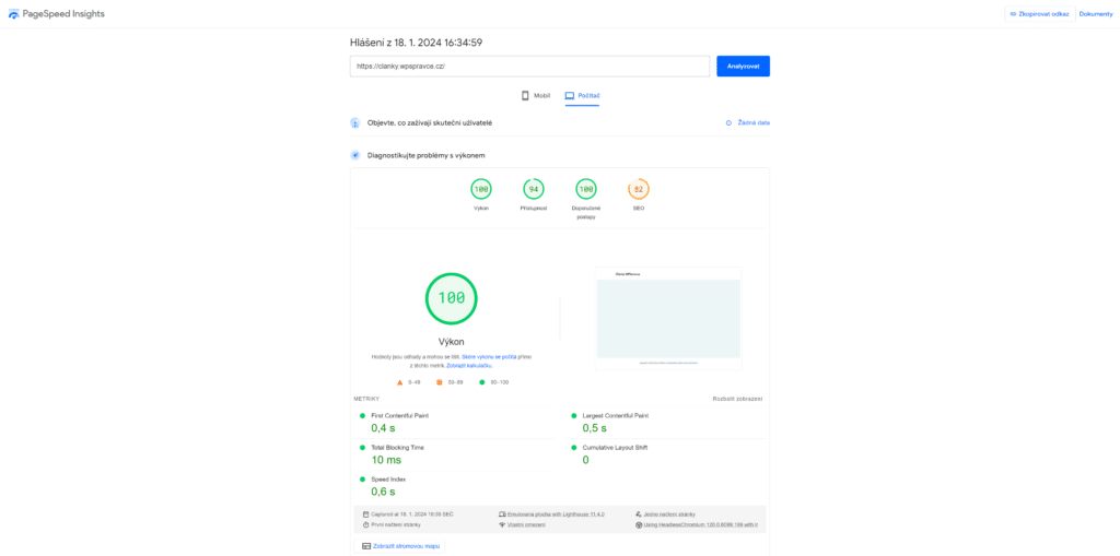 Astra Google Page Speed Insight počítač