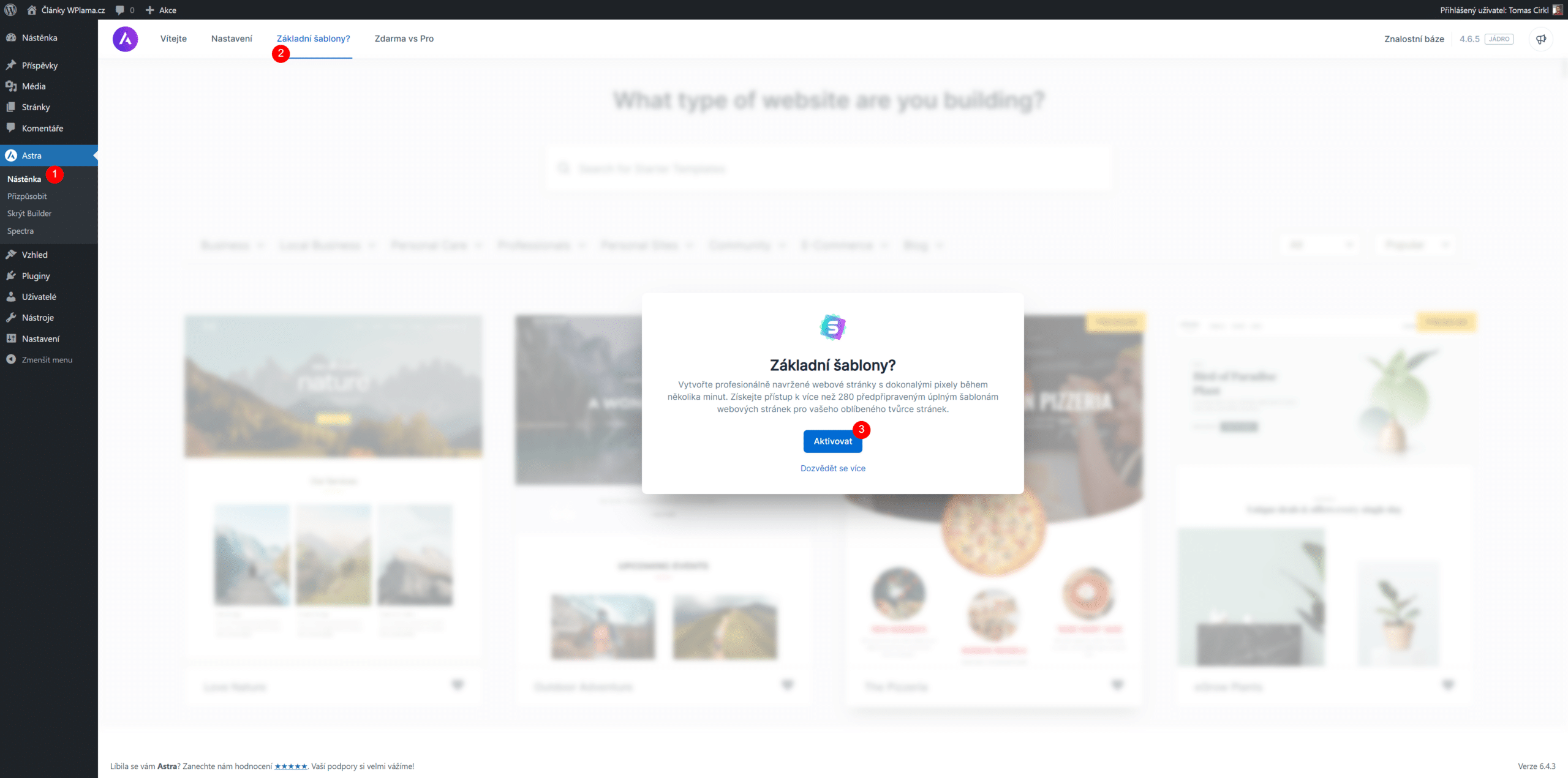Aktivace Základních šablon pro Astra