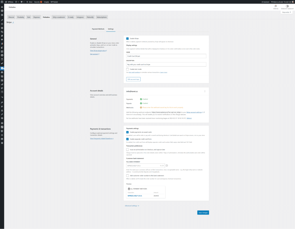 Nastavení pluginu Stripe ve WooCommerce