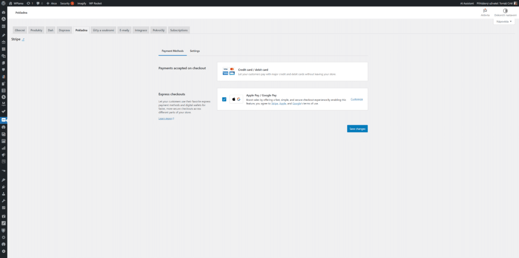 Nastavení Stripe platebních metod ve WooCommerce