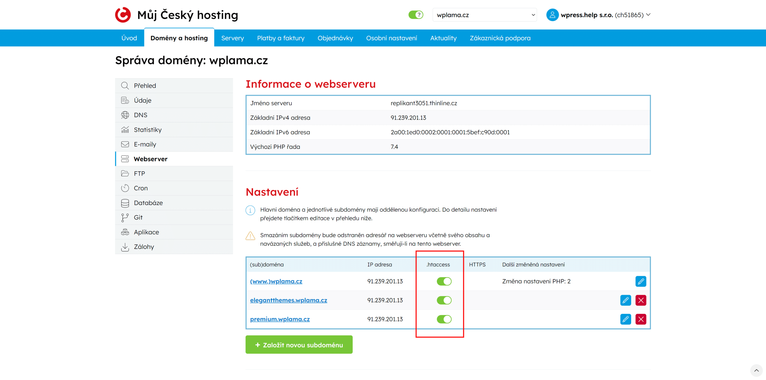 Povolení htaccess u Český hosting