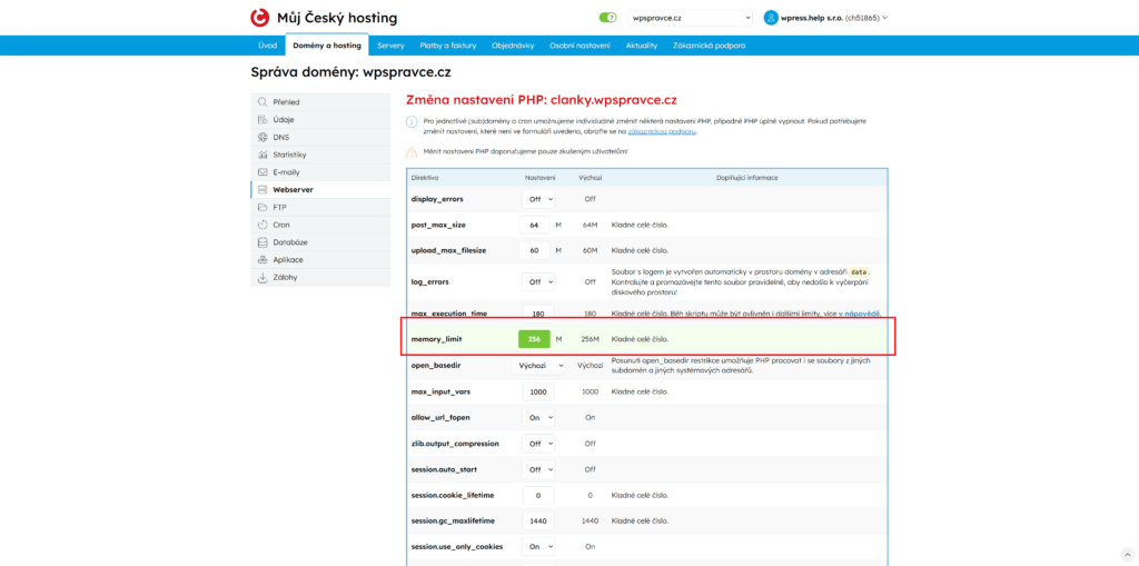 Nastavení php memory limit na hostingu