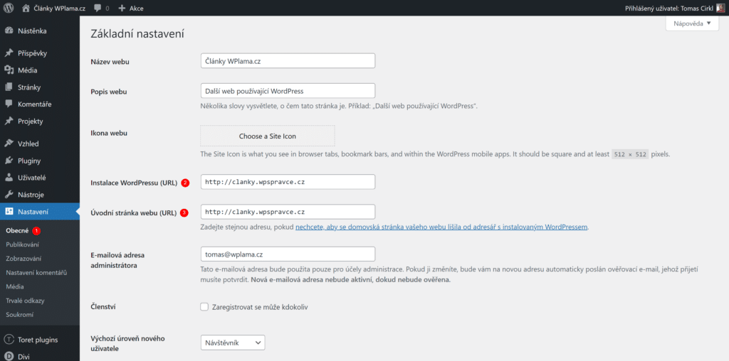 Obecné nastavení ve WordPress