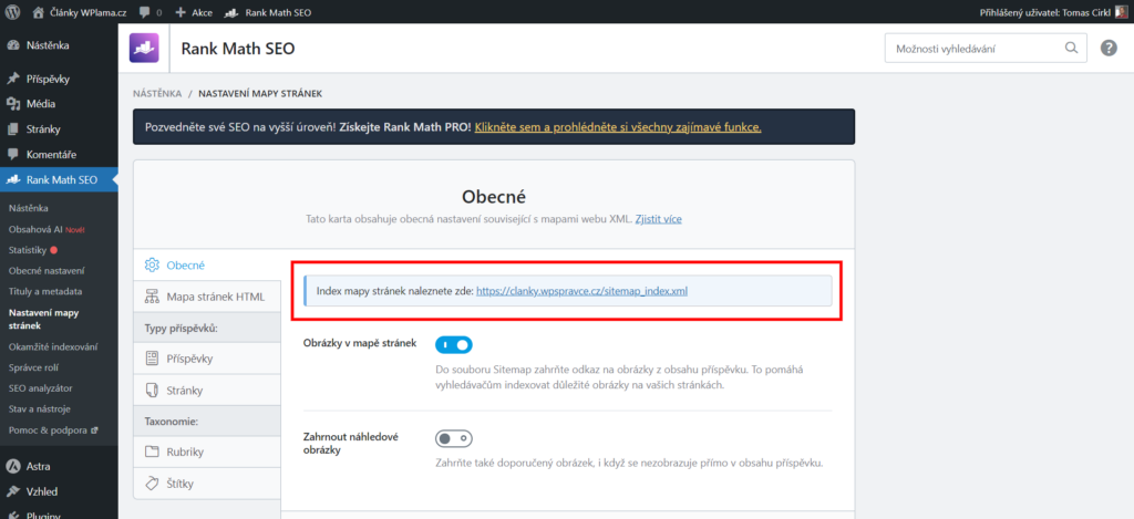 Rank Math SEO - Odkaz na generovanou sitemapu