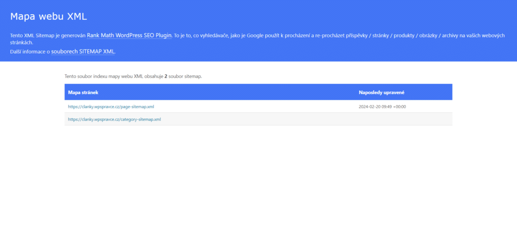 Rank Math SEO - vygenerovaná XML sitemapa