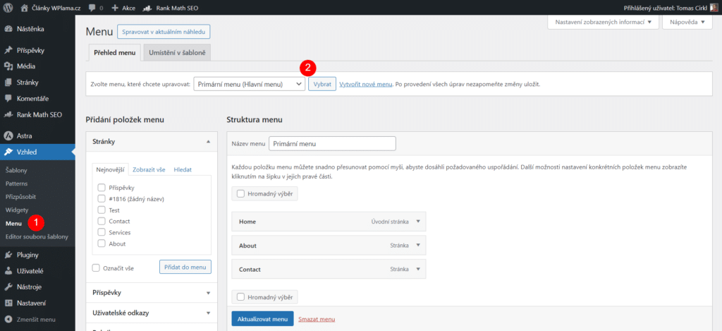 Výběr menu ve WordPress