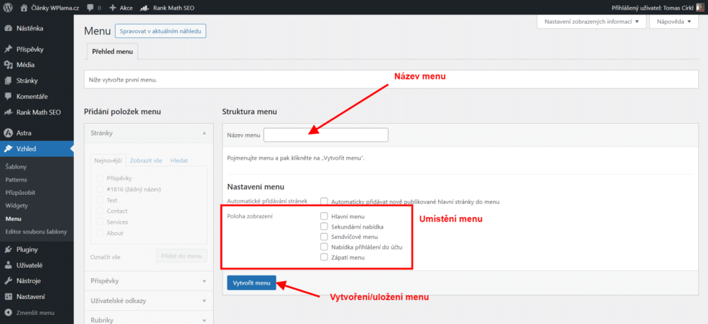 WordPress tvorba menu