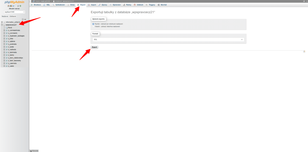 Export WordPress databáze